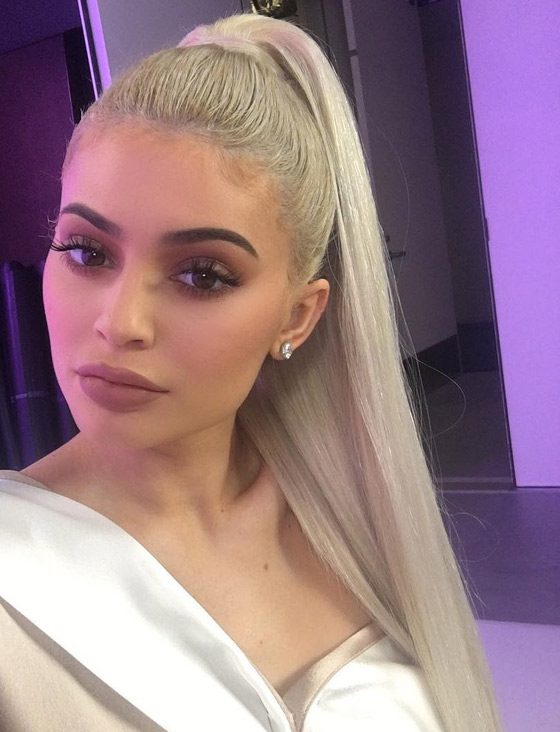 Kylie Jenner Hairstyles- Silver Blonde High Ponytail-women hair styles