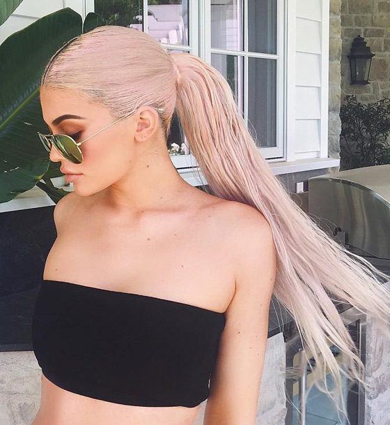 Kylie Jenner Hairstyles-Blush Pink Center Parted Ponytail