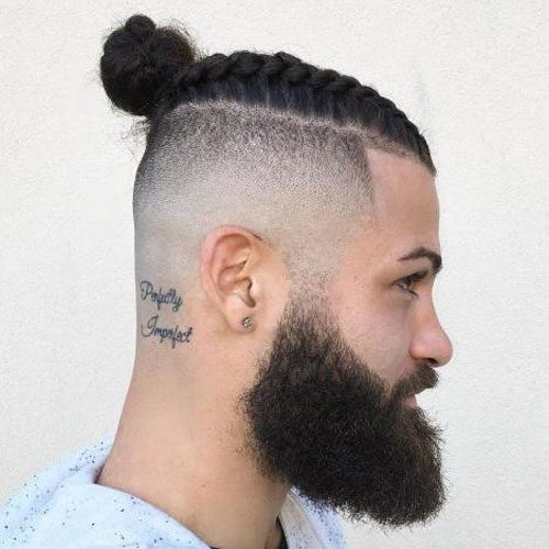 Braided Bun With Shaved Sides And Long Beard