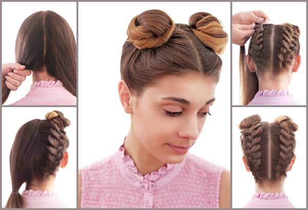 Twin Top Knot & Braids Hairstyle for Women Long Hair